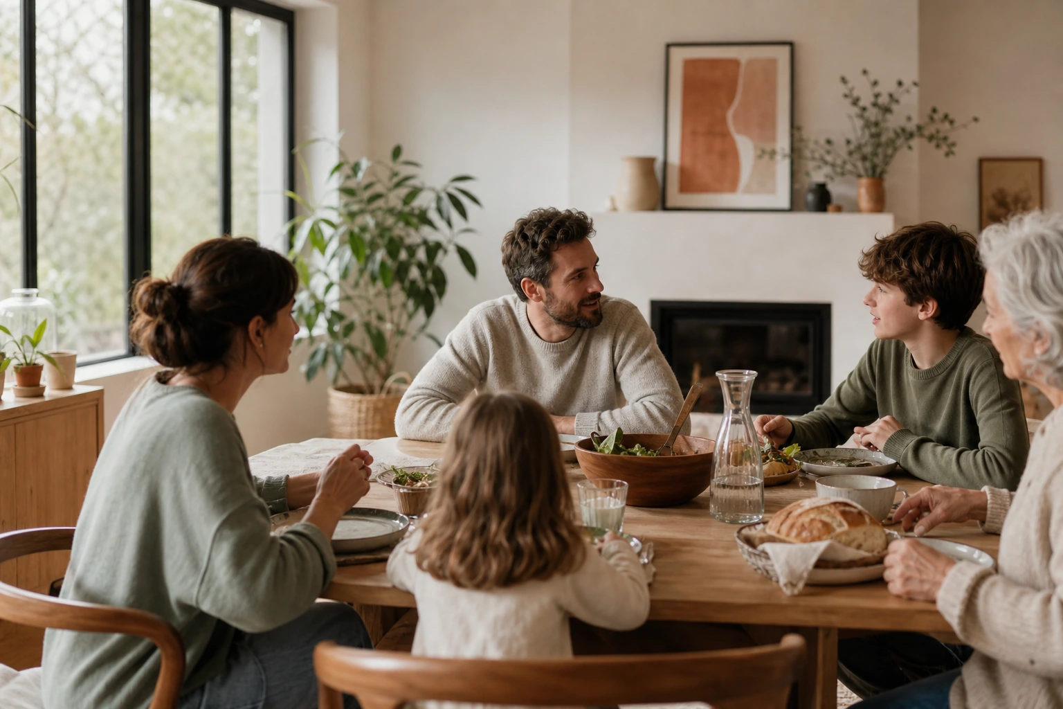Une famille échange autour d’une table